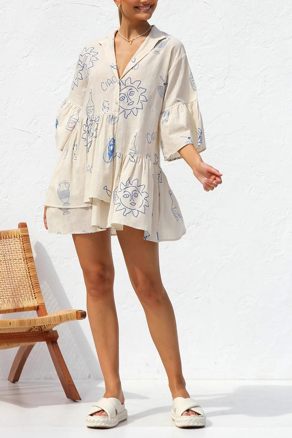 Arolora printed-flares-sleeve-ruched-mini-dress
