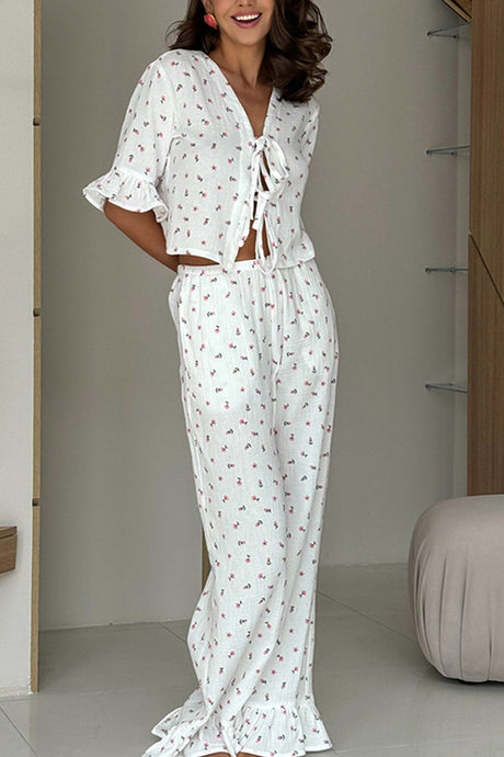 Arolora Printed Ruffle Tie-up Shirt Cotton Suits