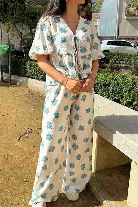 Arolora printed-lace-up-tops-wide-leg-pants-set