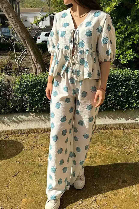 Arolora printed-lace-up-tops-wide-leg-pants-set