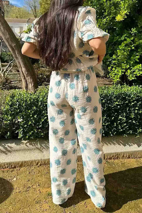 Arolora printed-lace-up-tops-wide-leg-pants-set