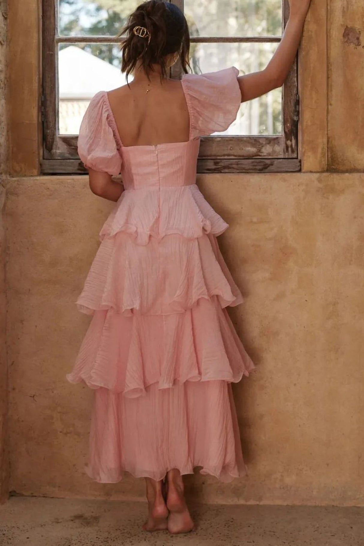 Arolora Puff Sleeve Backless Tiered Midi Dress