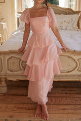 Arolora Puff Sleeve Backless Tiered Midi Dress