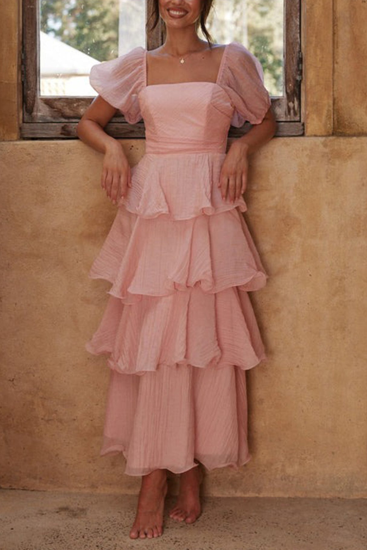 Arolora Puff Sleeve Backless Tiered Midi Dress