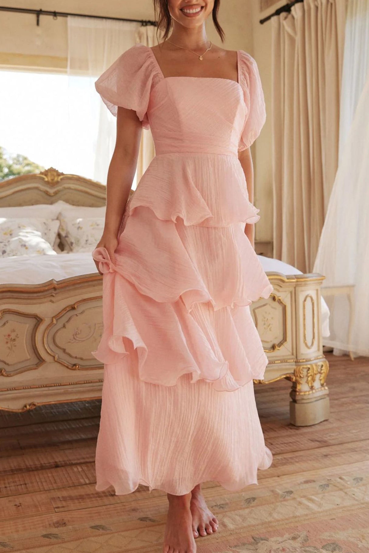 Arolora Puff Sleeve Backless Tiered Midi Dress
