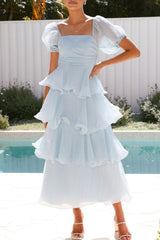 Arolora Puff Sleeve Backless Tiered Midi Dress