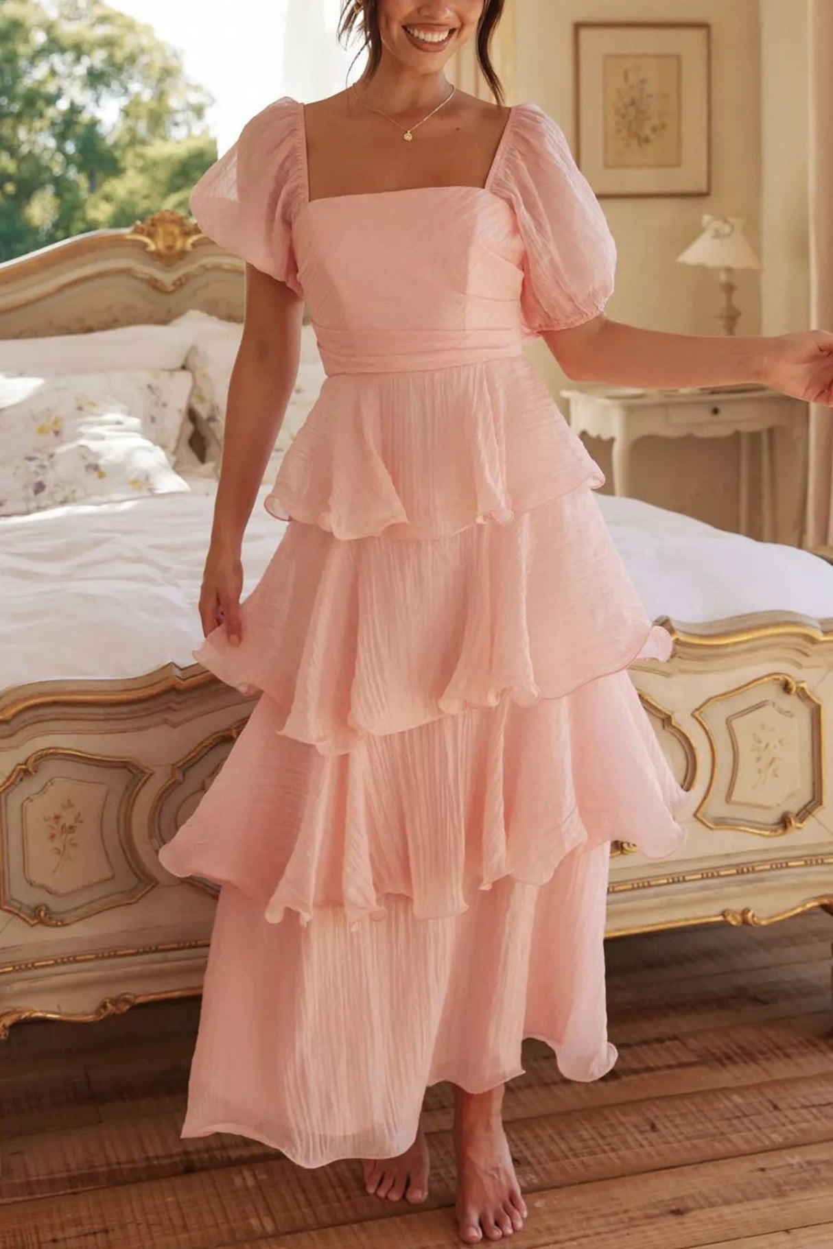 Arolora Puff Sleeve Backless Tiered Midi Dress