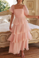 Arolora Puff Sleeve Backless Tiered Midi Dress