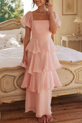 Arolora Puff Sleeve Backless Tiered Midi Dress