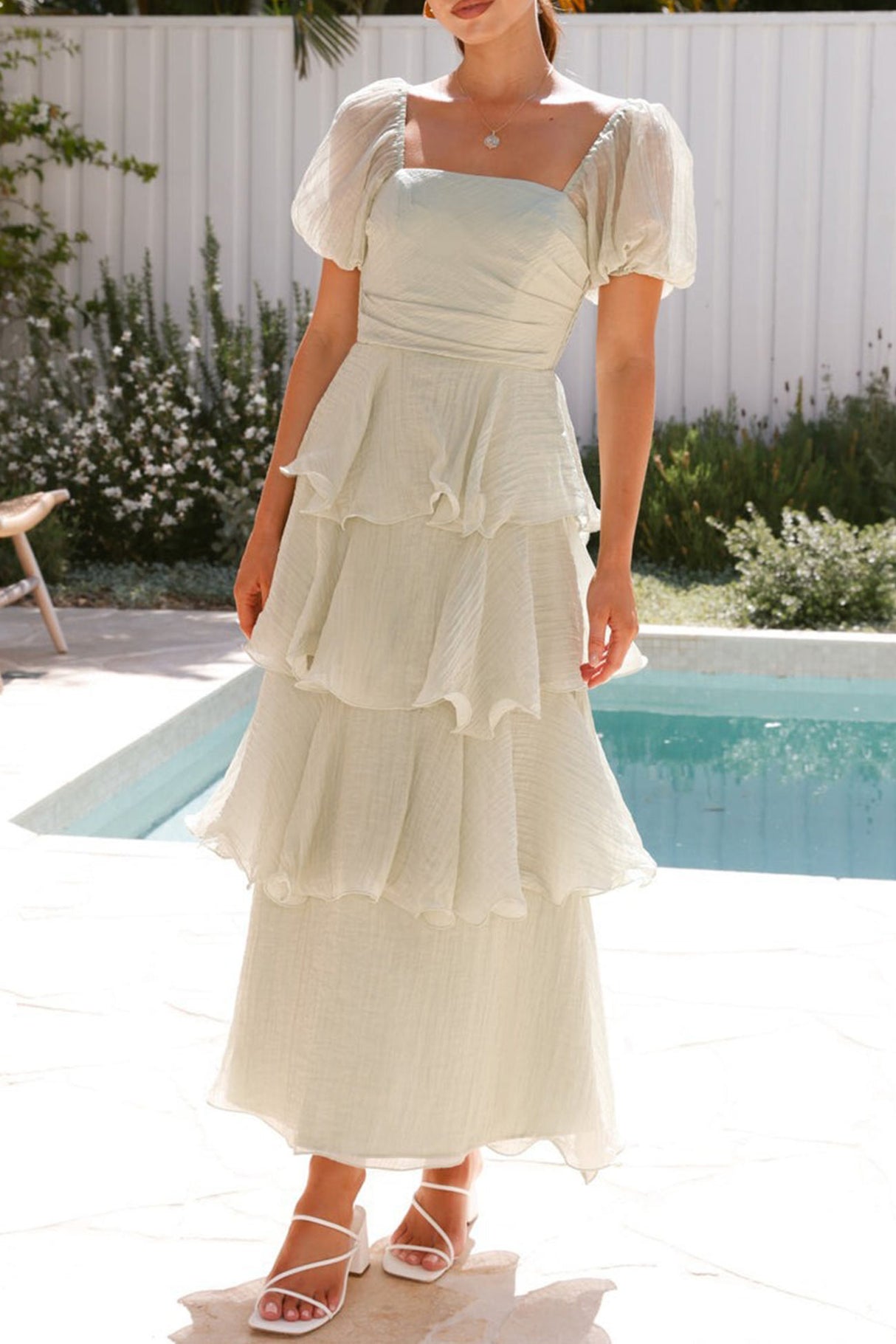 Arolora Puff Sleeve Backless Tiered Midi Dress