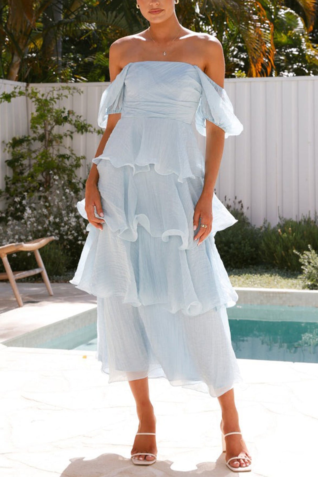 Arolora Puff Sleeve Backless Tiered Midi Dress