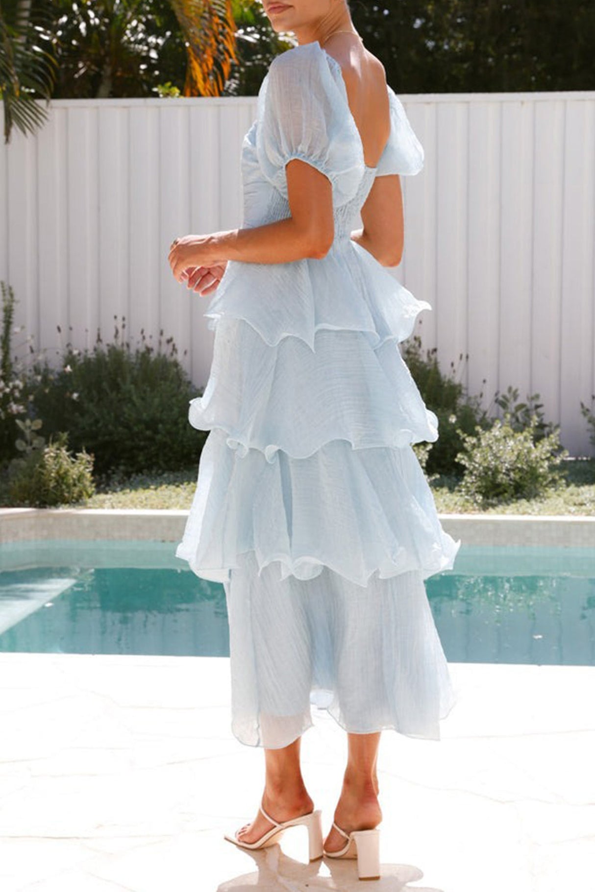 Arolora Puff Sleeve Backless Tiered Midi Dress