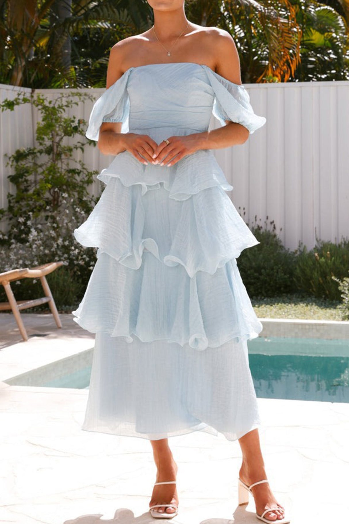 Arolora Puff Sleeve Backless Tiered Midi Dress