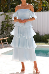Arolora Puff Sleeve Backless Tiered Midi Dress