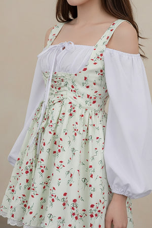 Puff Sleeve Floral Suspender Dress