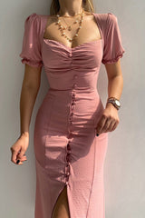 Arolora Puff Sleeve Single-breasted Midi Dress