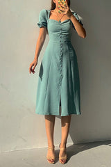 Arolora Puff Sleeve Single-breasted Midi Dress