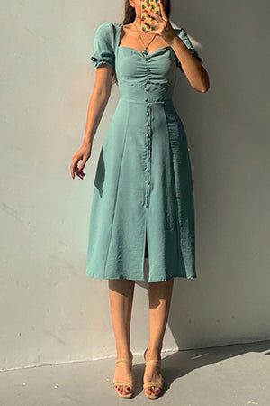 Arolora Puff Sleeve Single-breasted Midi Dress