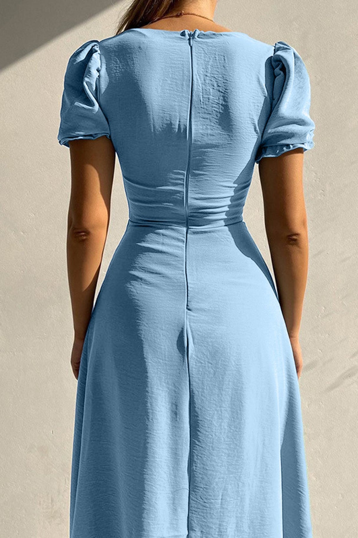 Arolora Puff Sleeve Single-breasted Midi Dress