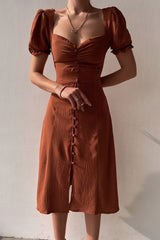 Arolora Puff Sleeve Single-breasted Midi Dress