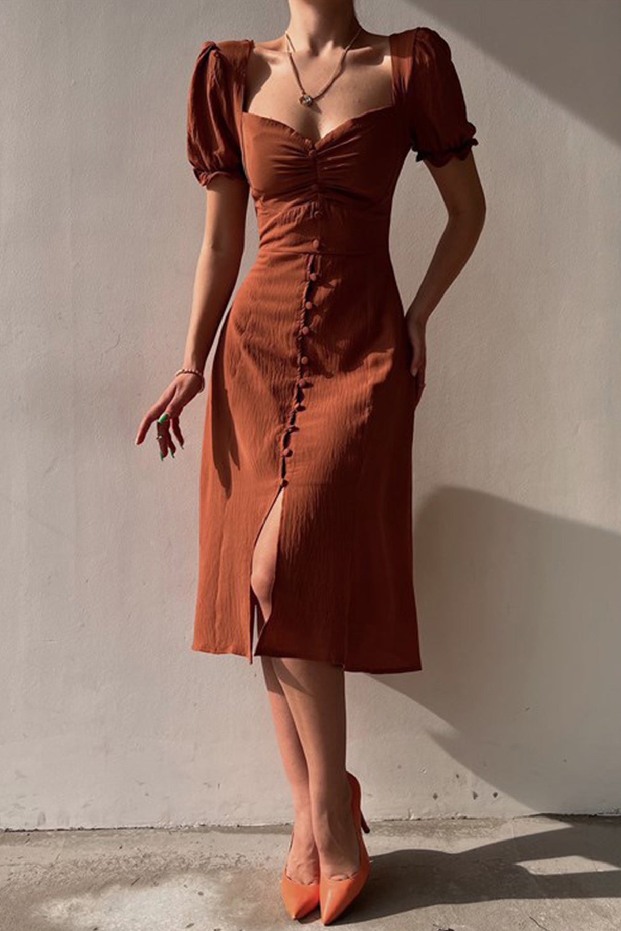 Arolora Puff Sleeve Single-breasted Midi Dress