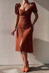 Arolora Puff Sleeve Single-breasted Midi Dress