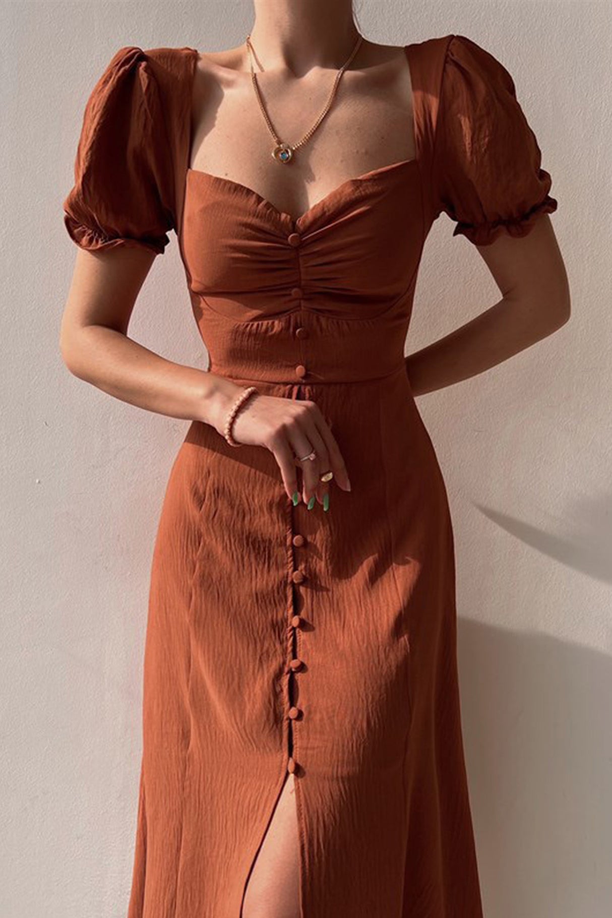 Arolora Puff Sleeve Single-breasted Midi Dress