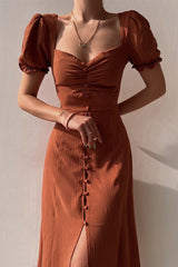 Arolora Puff Sleeve Single-breasted Midi Dress