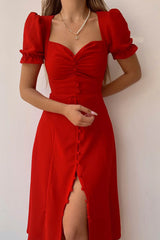 Arolora Puff Sleeve Single-breasted Midi Dress