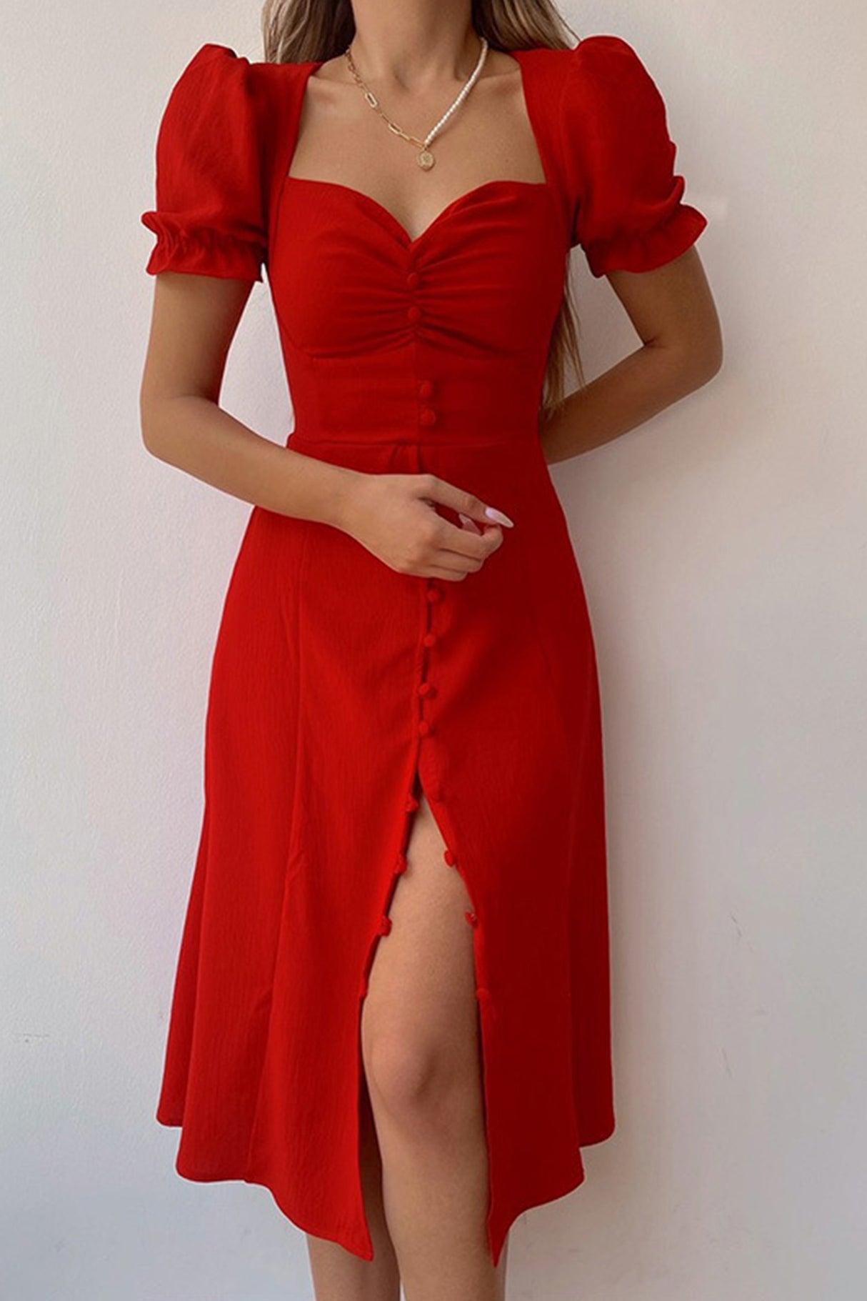 Arolora Puff Sleeve Single-breasted Midi Dress