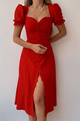 Arolora Puff Sleeve Single-breasted Midi Dress