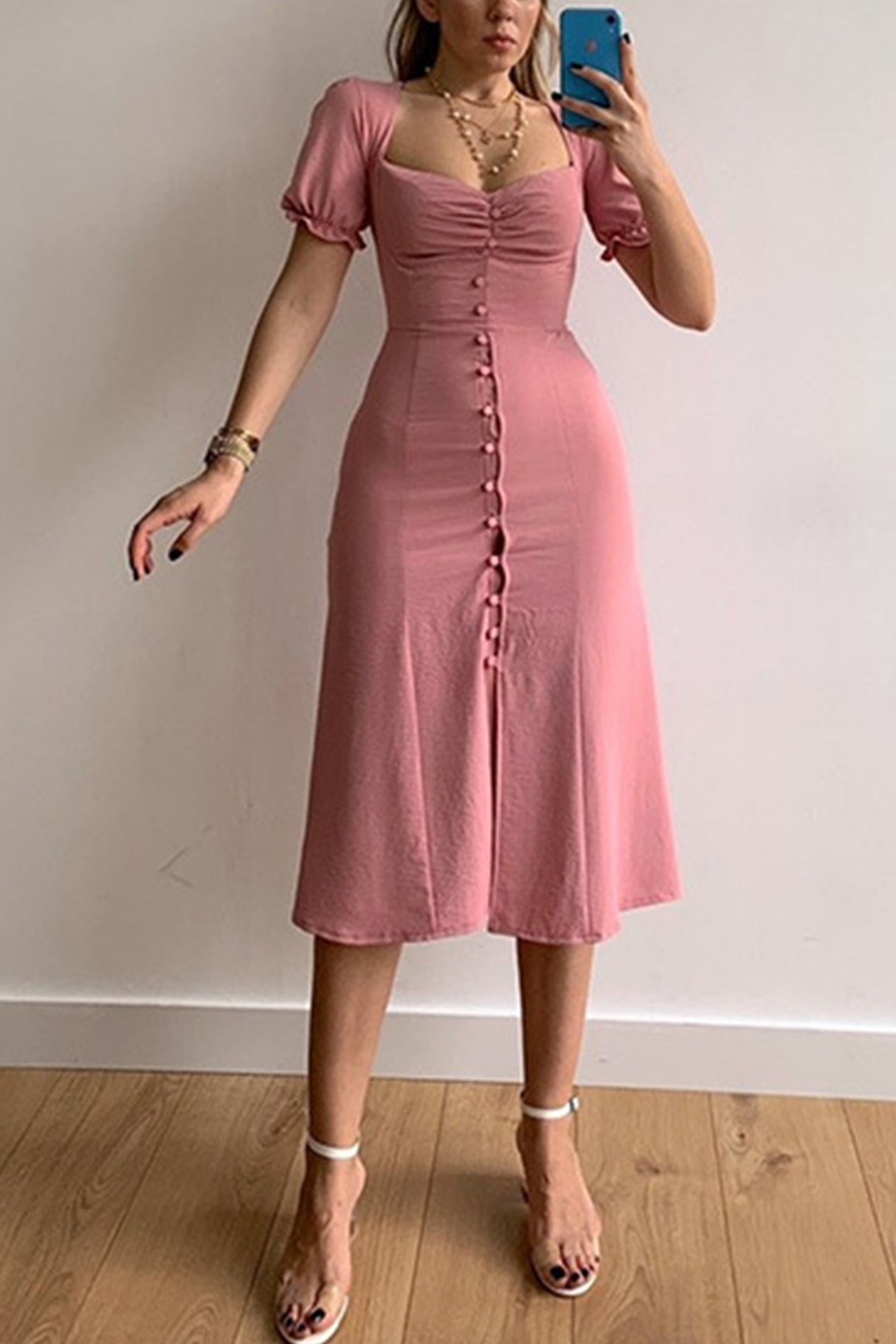 Arolora Puff Sleeve Single-breasted Midi Dress
