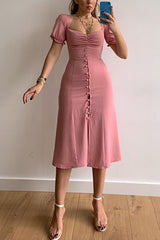 Arolora Puff Sleeve Single-breasted Midi Dress