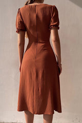 Arolora Puff Sleeve Single-breasted Midi Dress