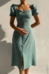Arolora Puff Sleeve Single-breasted Midi Dress