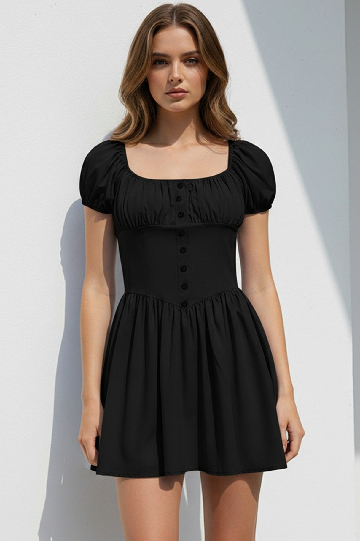 Puff Sleeve Square Neck Ruched Dress