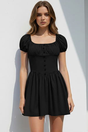 Puff Sleeve Square Neck Ruched Dress