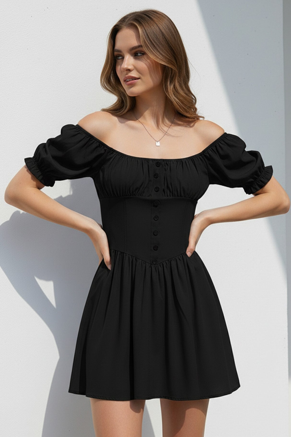 Puff Sleeve Square Neck Ruched Dress