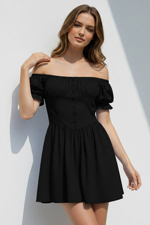 Puff Sleeve Square Neck Ruched Dress