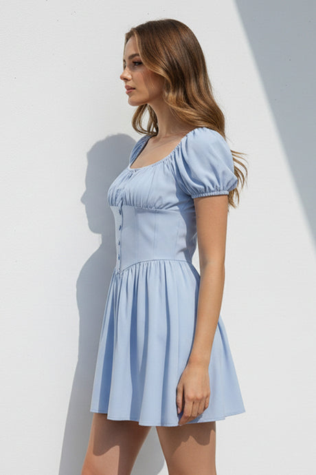 Puff Sleeve Square Neck Ruched Dress