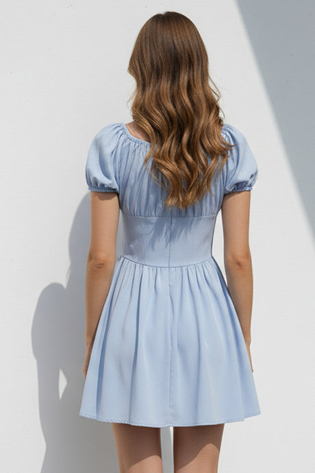 Puff Sleeve Square Neck Ruched Dress