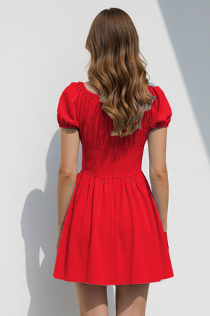 Puff Sleeve Square Neck Ruched Dress