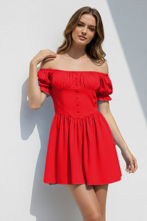 Puff Sleeve Square Neck Ruched Dress