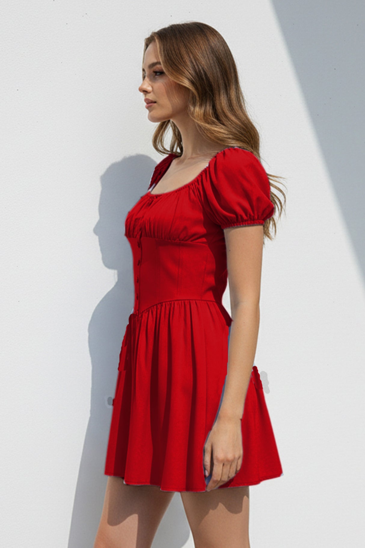 Puff Sleeve Square Neck Ruched Dress