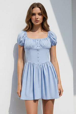 Puff Sleeve Square Neck Ruched Dress