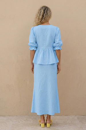 Puff Sleeve Tie-up Ruffle Cotton Shirt Skirt Set