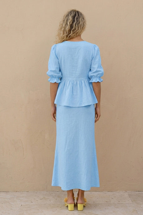Puff Sleeve Tie-up Ruffle Cotton Shirt Skirt Set