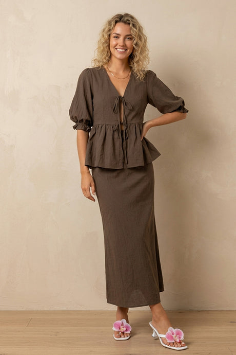 Puff Sleeve Tie-up Ruffle Cotton Shirt Skirt Set