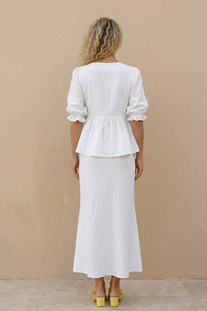 Puff Sleeve Tie-up Ruffle Cotton Shirt Skirt Set