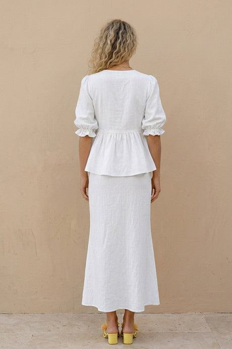 Puff Sleeve Tie-up Ruffle Cotton Shirt Skirt Set
